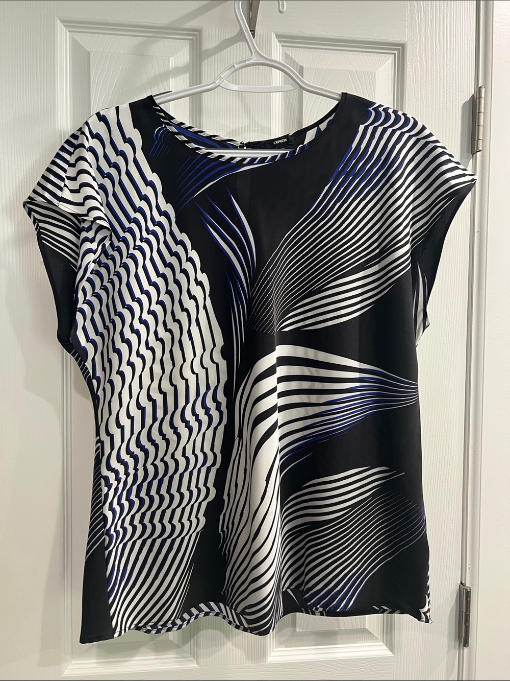 Express Black Blouse with White & Blue Abstract Pattern